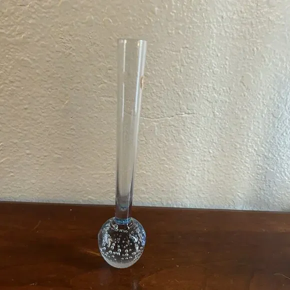 Vtg Bud Vase Delicate Clear Blue Glass Round Base Bullicante Bubbles Denmark - Picture 4 of 9